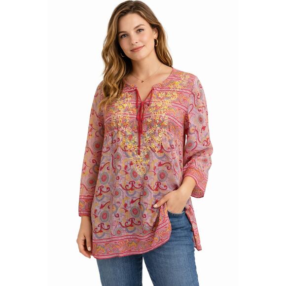 Lucky Brand Tops - Lucky Brand Boho Embroidered Tunic Top Pink Paisley Long Sleeve XS Cotton India